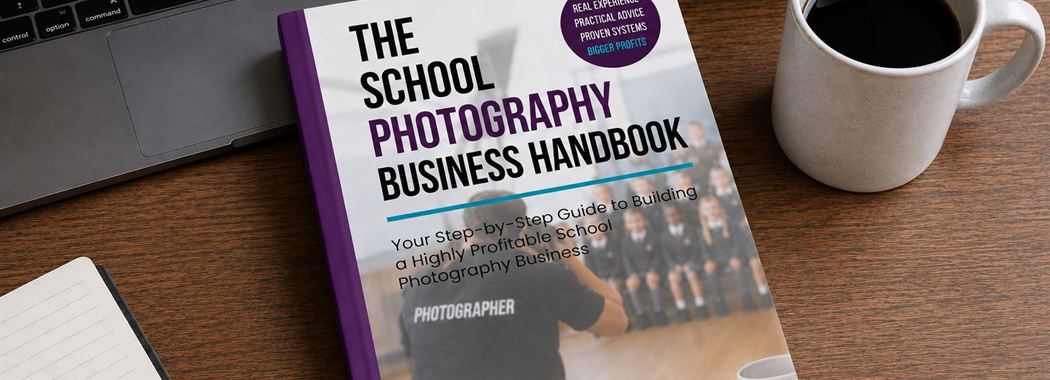 The School Photography Business Handbook by Lee Brooker, resting on a desk beside a laptop and a cup of coffee.